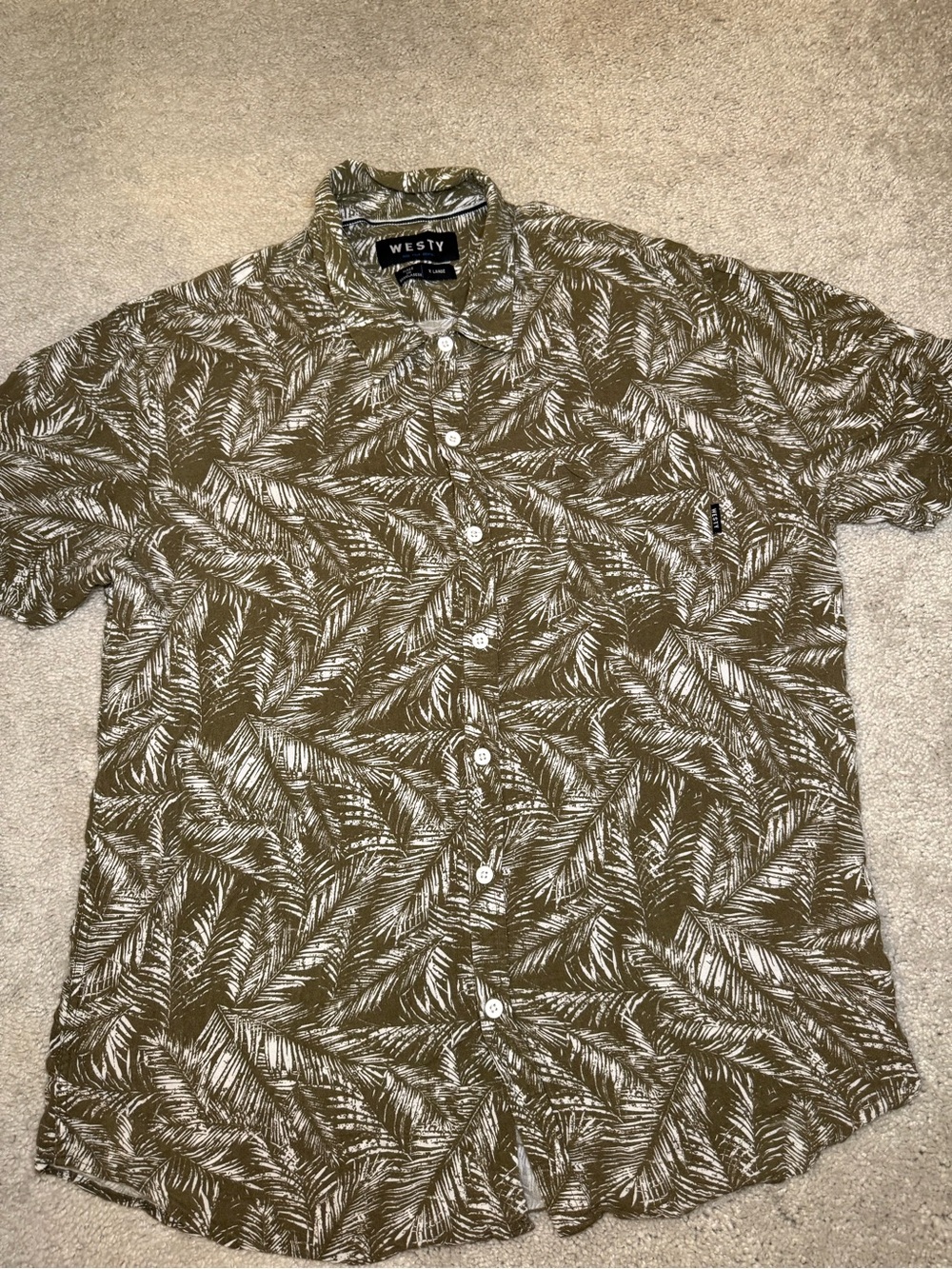 Westy Olive Palm-Print Short Sleeve Button-Down Shirt